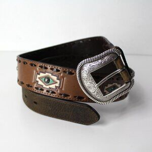 Nocona Western leather Belt men's 42 studs tooled Filigree Buckle brown blue